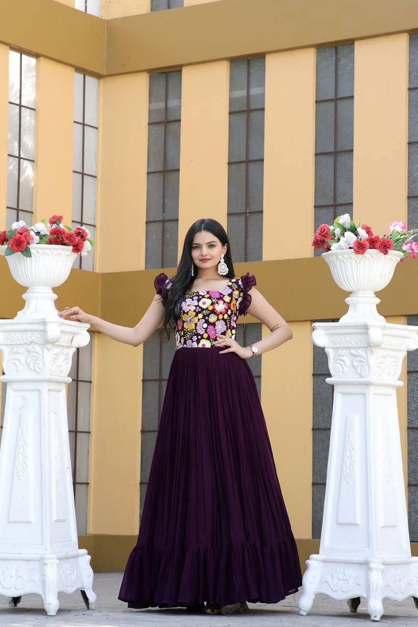 Gentle Faux Georgette Sequins Embroidered Fully Stitched Gown - Ethnicwish