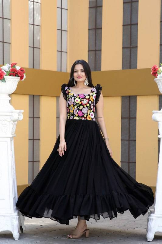 Gentle Faux Georgette Sequins Embroidered Fully Stitched Gown - Ethnicwish