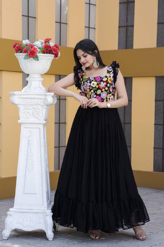 Gentle Faux Georgette Sequins Embroidered Fully Stitched Gown - Ethnicwish