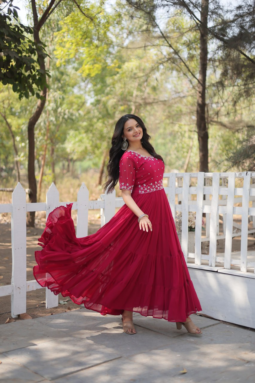 Stylish Faux Georgette Beads Embroidered Designer Gown - Ethnicwish