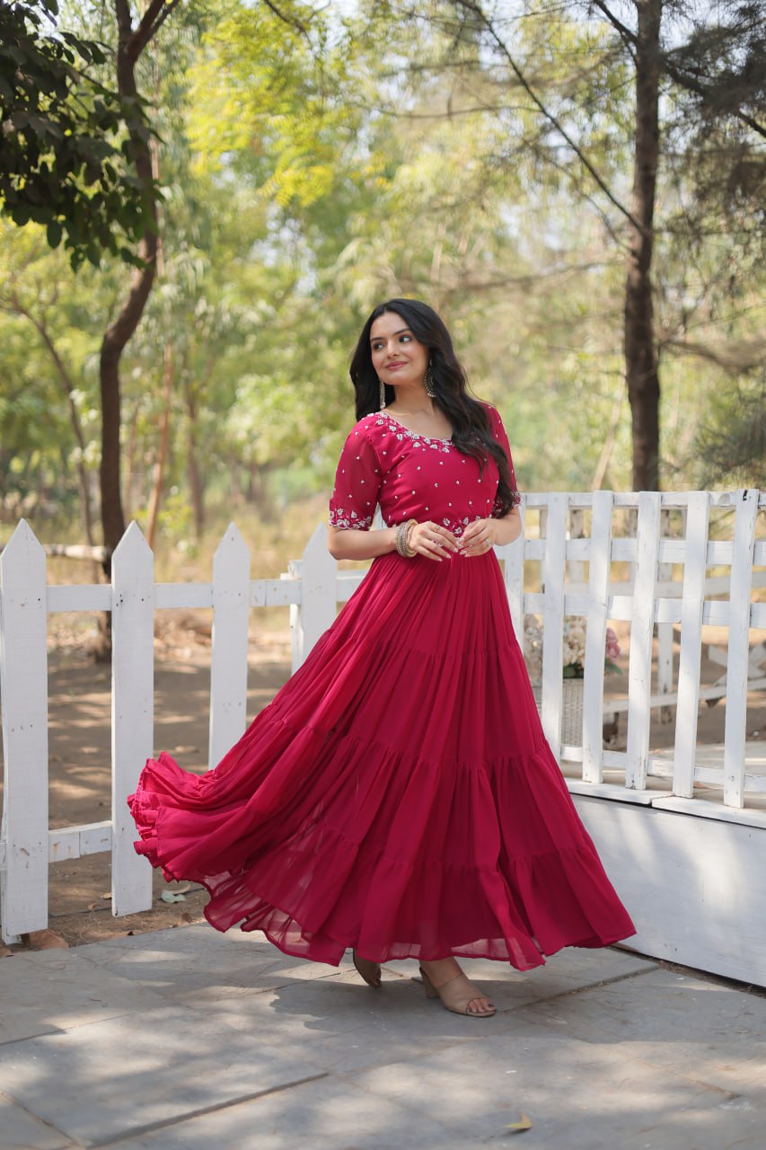 Stylish Faux Georgette Beads Embroidered Designer Gown - Ethnicwish