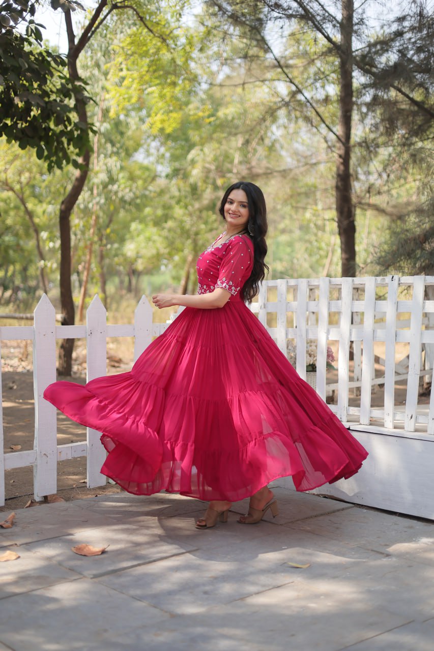 Stylish Faux Georgette Beads Embroidered Designer Gown - Ethnicwish