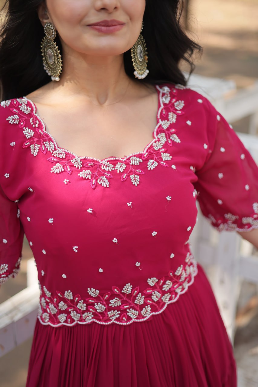 Stylish Faux Georgette Beads Embroidered Designer Gown - Ethnicwish