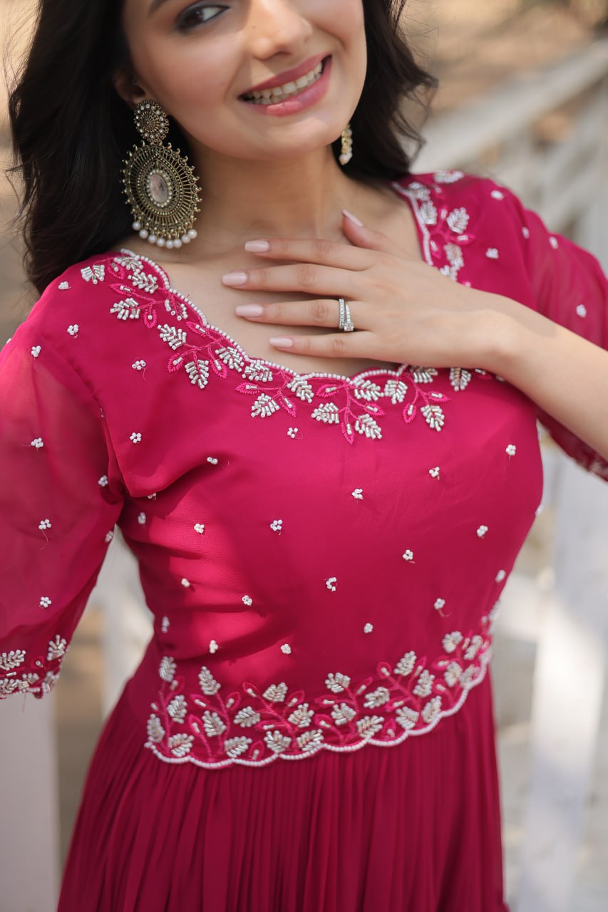 Stylish Faux Georgette Beads Embroidered Designer Gown - Ethnicwish