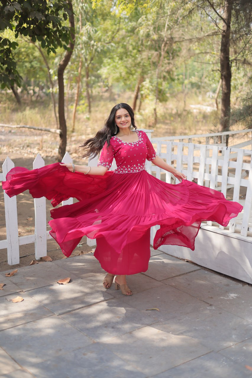 Stylish Faux Georgette Beads Embroidered Designer Gown - Ethnicwish