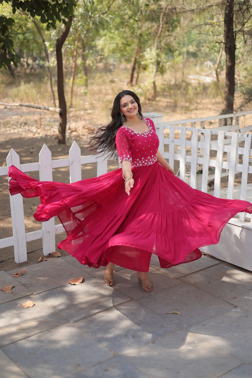 Stylish Faux Georgette Beads Embroidered Designer Gown - Ethnicwish