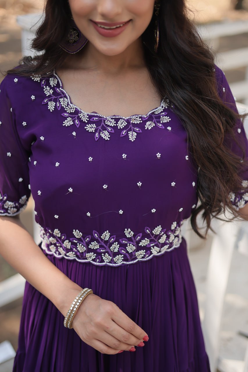 Stylish Faux Georgette Beads Embroidered Designer Gown - Ethnicwish
