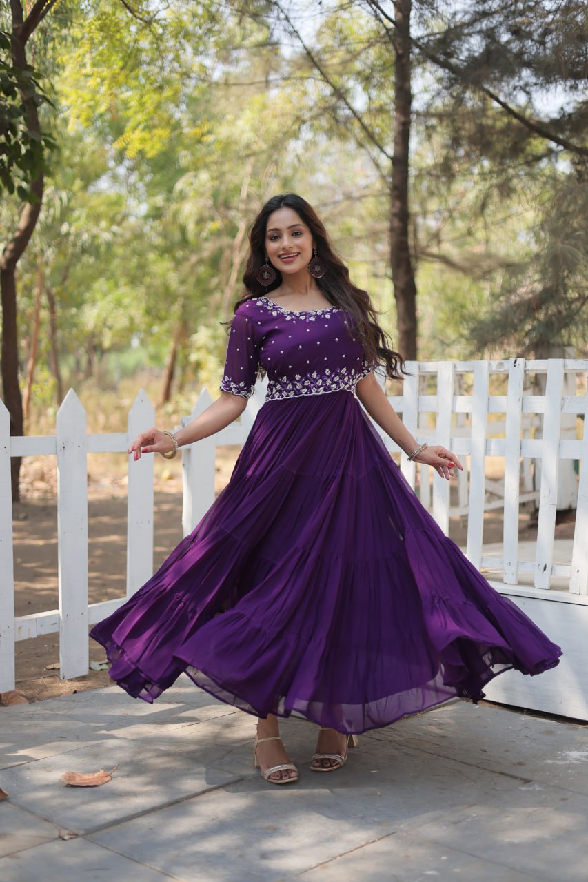 Stylish Faux Georgette Beads Embroidered Designer Gown - Ethnicwish