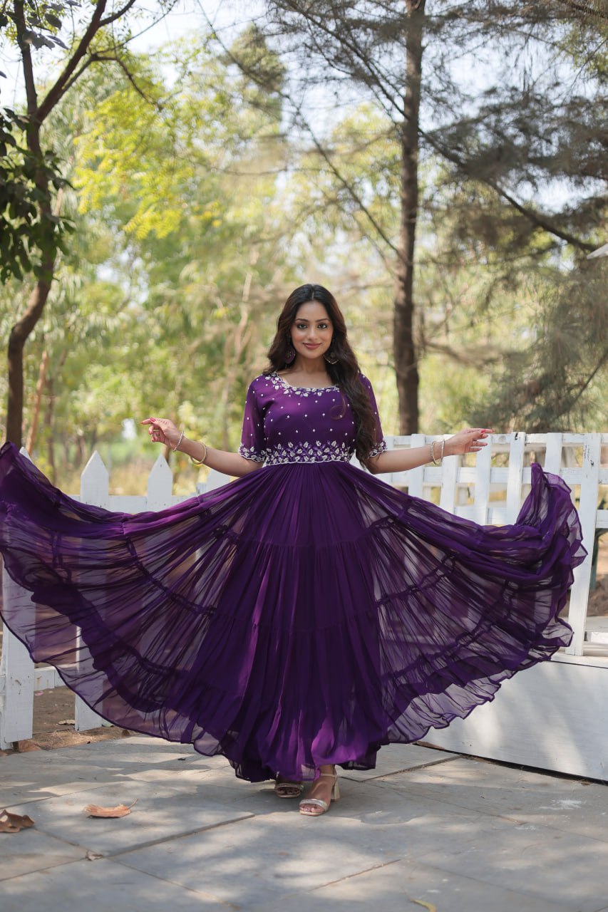 Stylish Faux Georgette Beads Embroidered Designer Gown - Ethnicwish