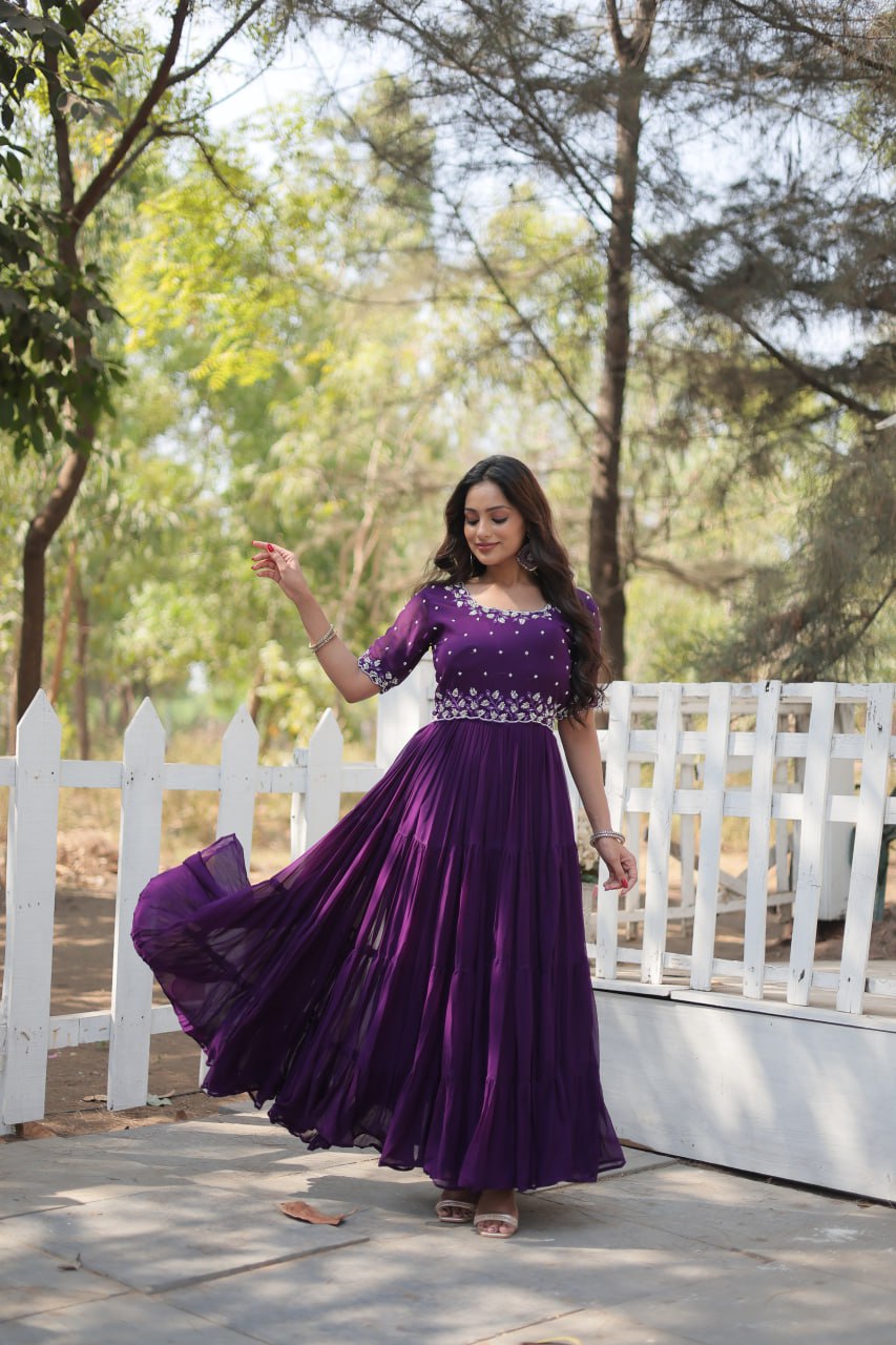 Stylish Faux Georgette Beads Embroidered Designer Gown - Ethnicwish