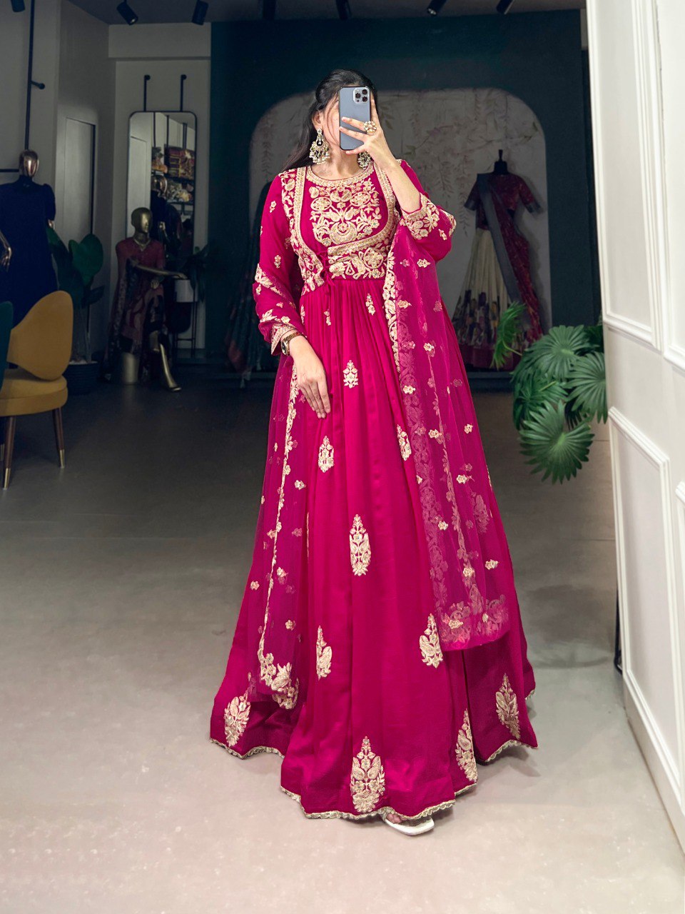 Enchanting Pink Vichitra Silk Thread Embroidered Gown With Dupatta