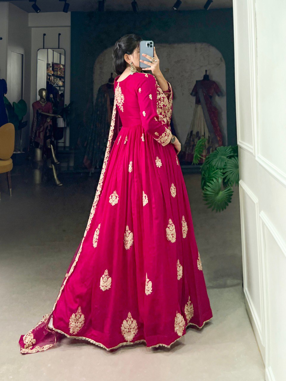 Enchanting Pink Vichitra Silk Thread Embroidered Gown With Dupatta