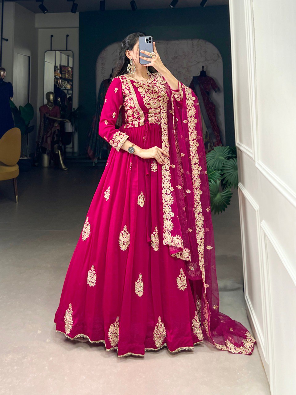 Enchanting Pink Vichitra Silk Thread Embroidered Gown With Dupatta