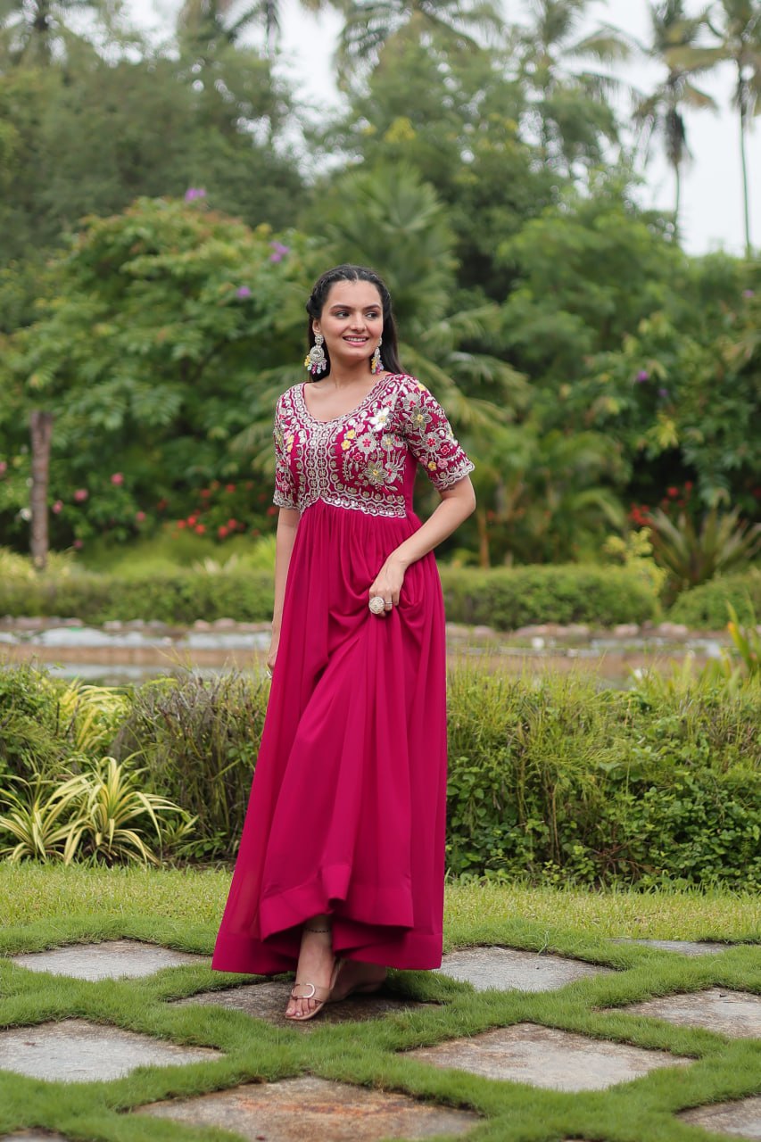 Winsome Faux Georgette Zari Sequins Worked Designer Gown - Ethnicwish