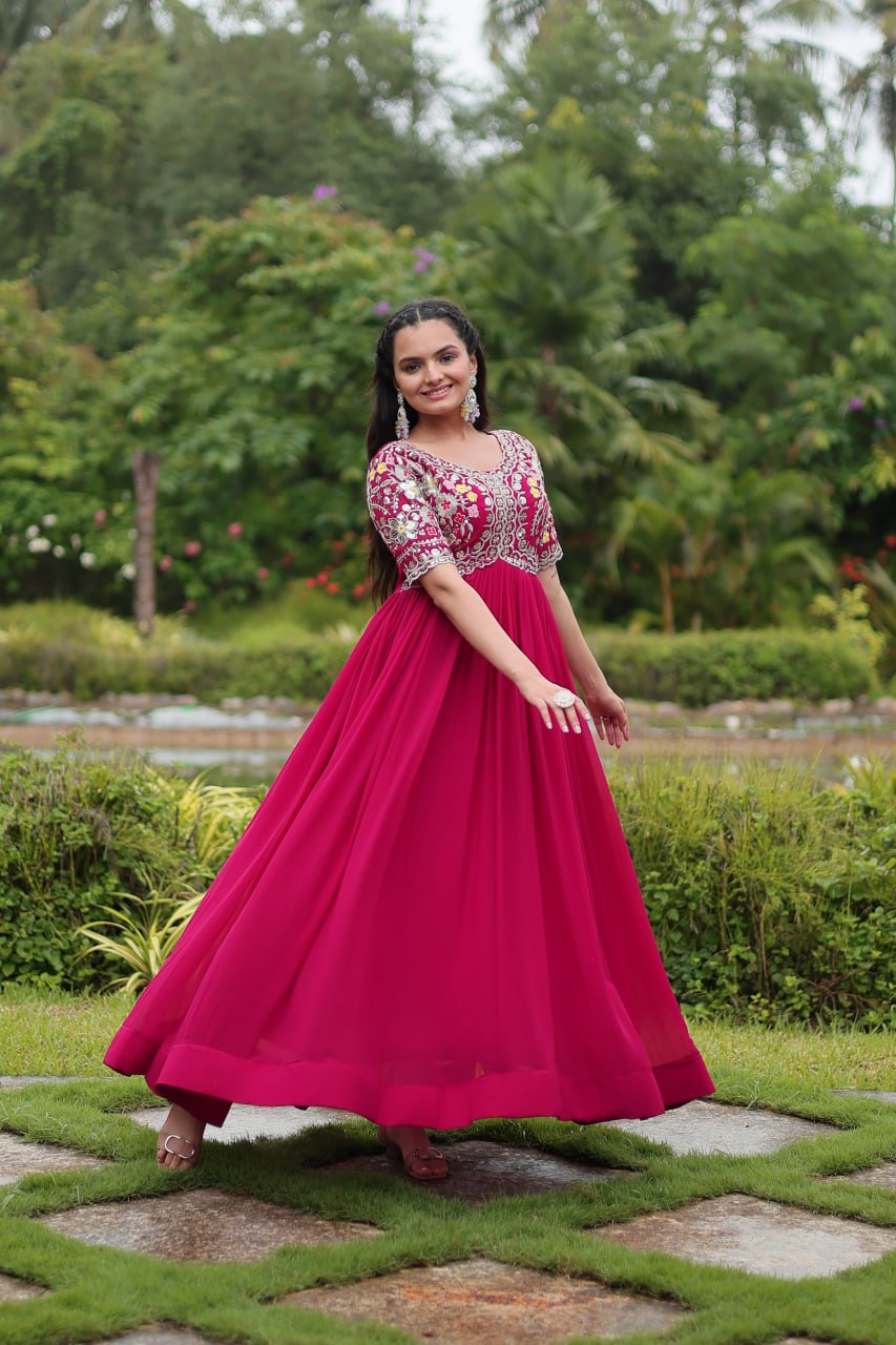 Winsome Faux Georgette Zari Sequins Worked Designer Gown - Ethnicwish