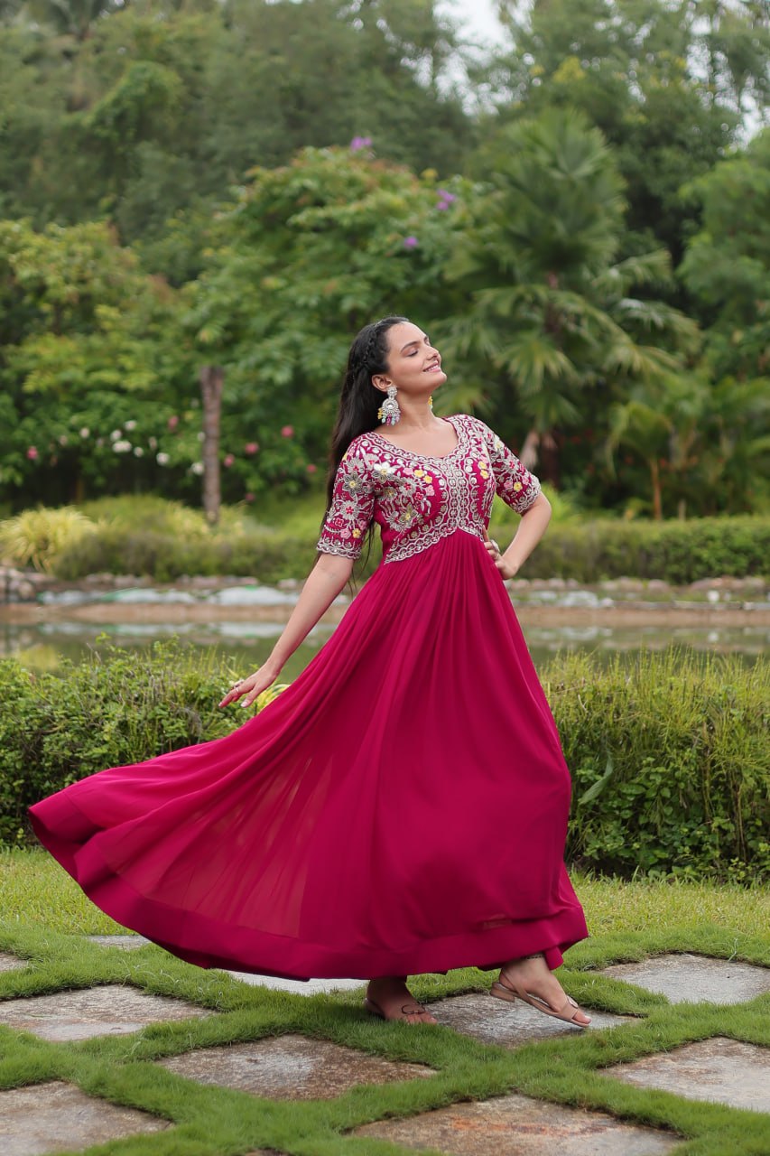 Winsome Faux Georgette Zari Sequins Worked Designer Gown - Ethnicwish