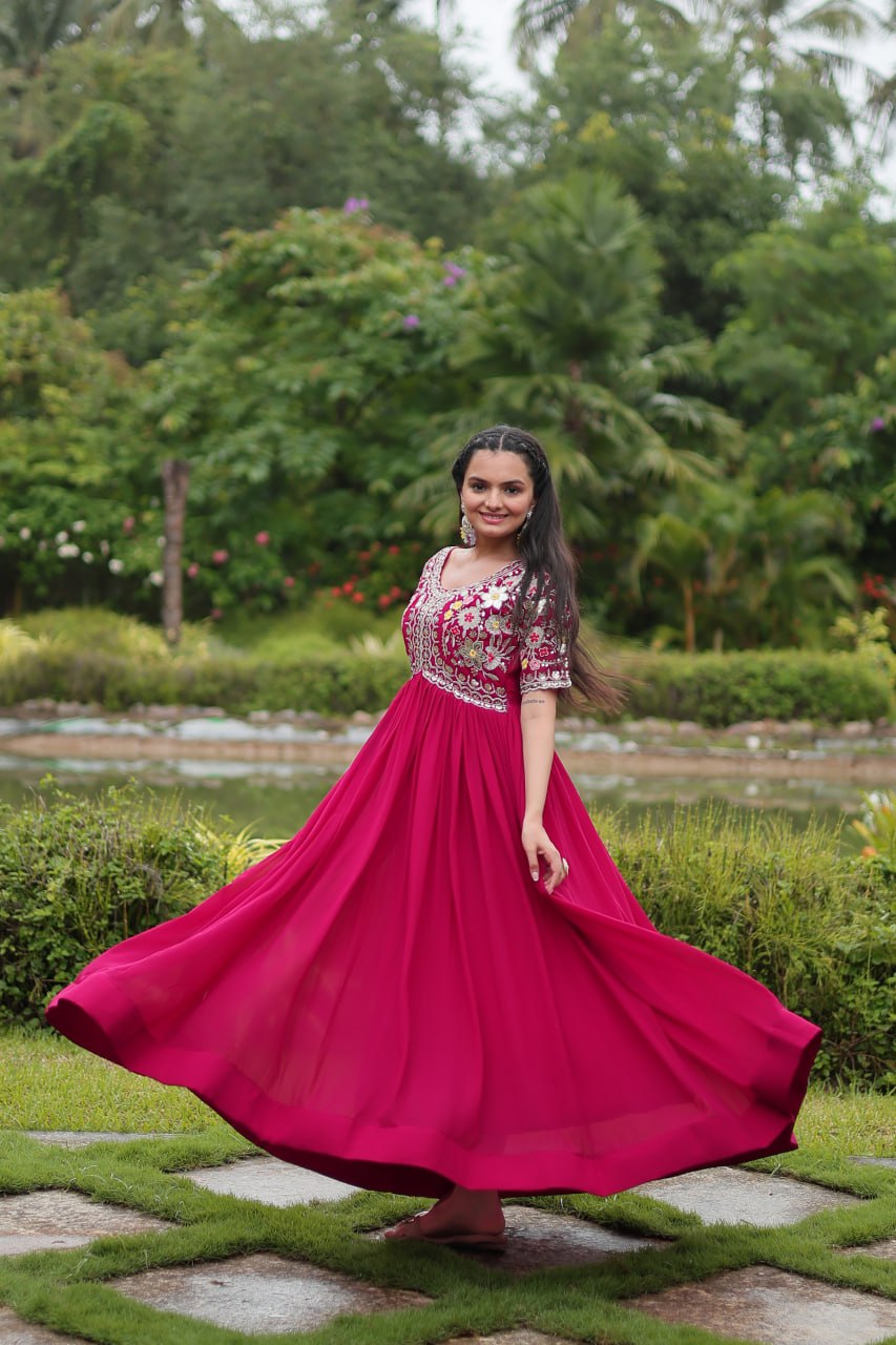 Winsome Faux Georgette Zari Sequins Worked Designer Gown - Ethnicwish