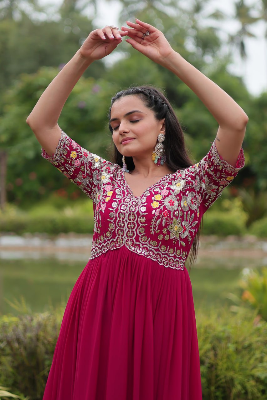Winsome Faux Georgette Zari Sequins Worked Designer Gown - Ethnicwish