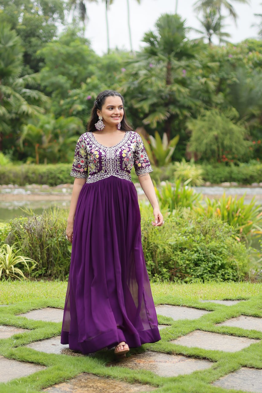 Winsome Faux Georgette Zari Sequins Worked Designer Gown - Ethnicwish