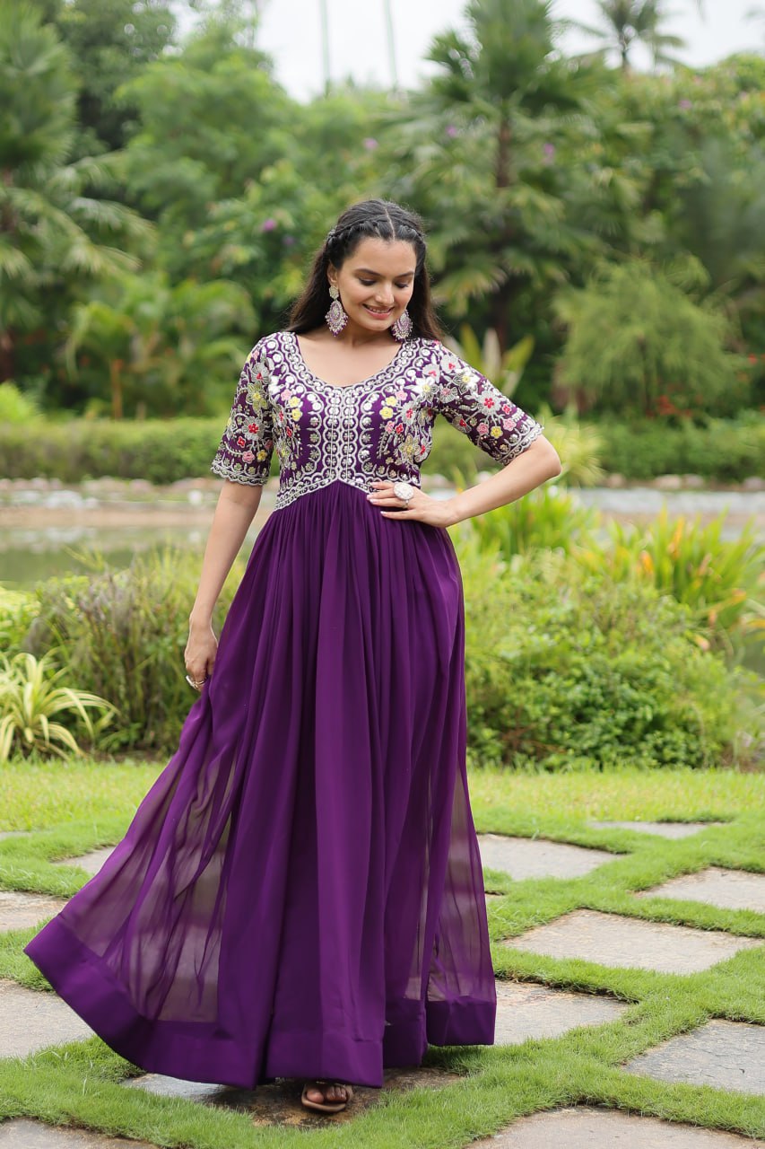 Winsome Faux Georgette Zari Sequins Worked Designer Gown - Ethnicwish