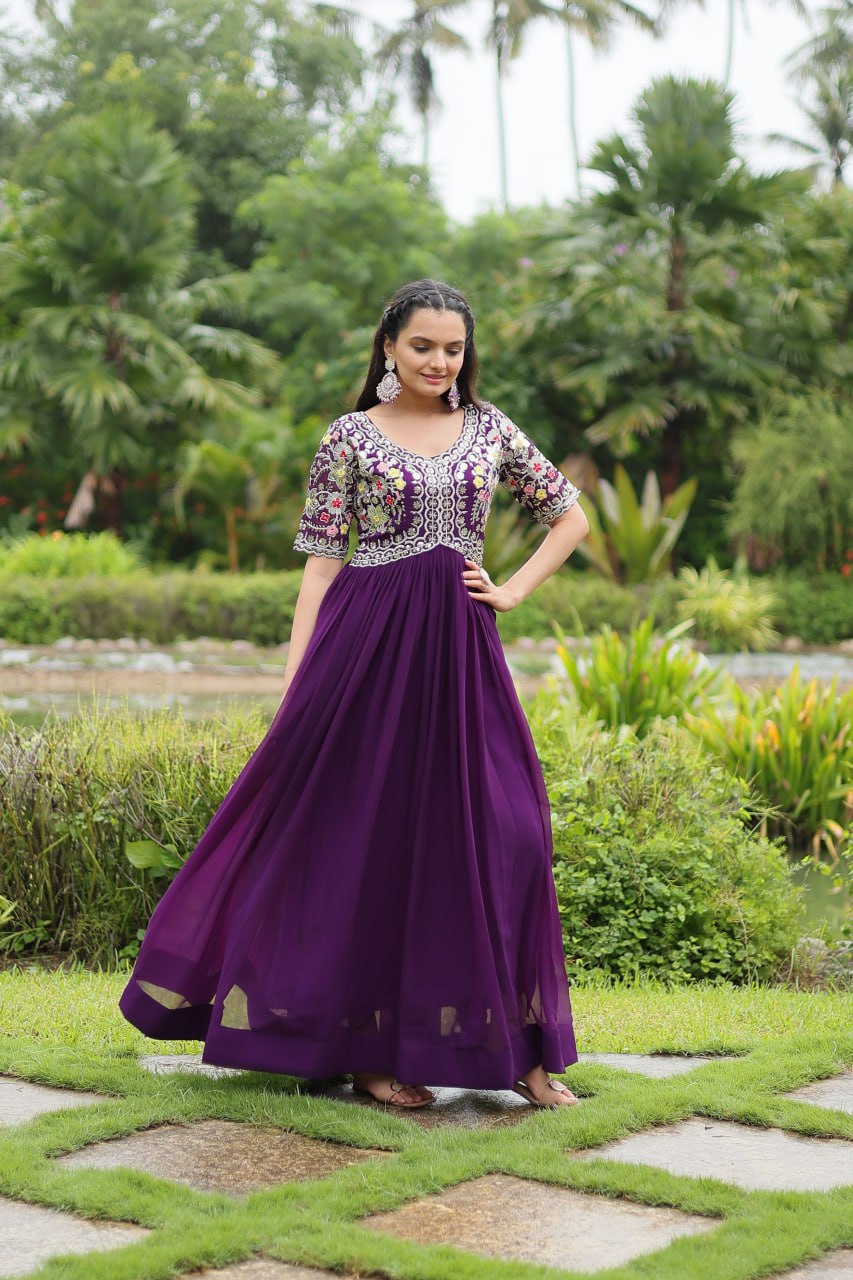 Winsome Faux Georgette Zari Sequins Worked Designer Gown - Ethnicwish