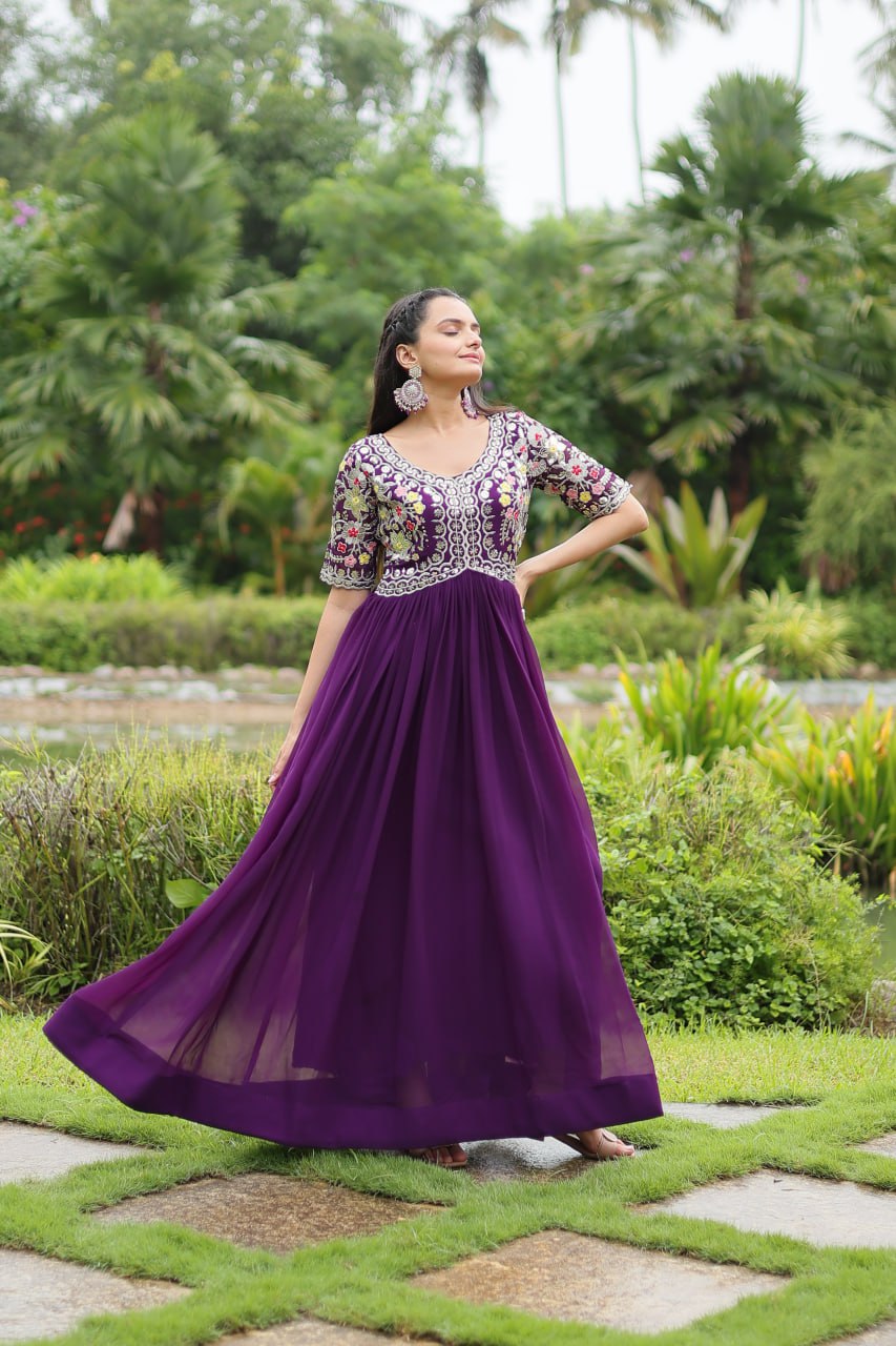 Winsome Faux Georgette Zari Sequins Worked Designer Gown - Ethnicwish