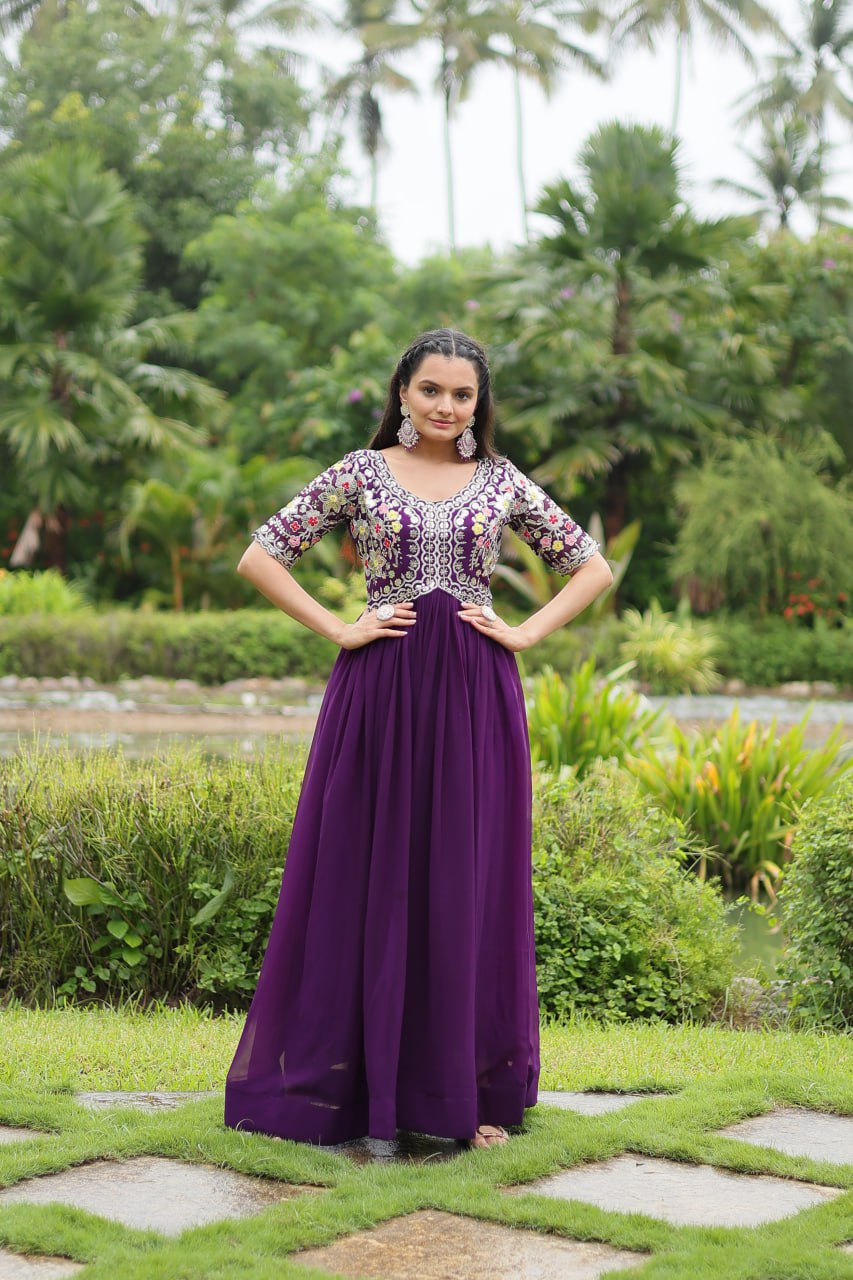 Winsome Faux Georgette Zari Sequins Worked Designer Gown - Ethnicwish