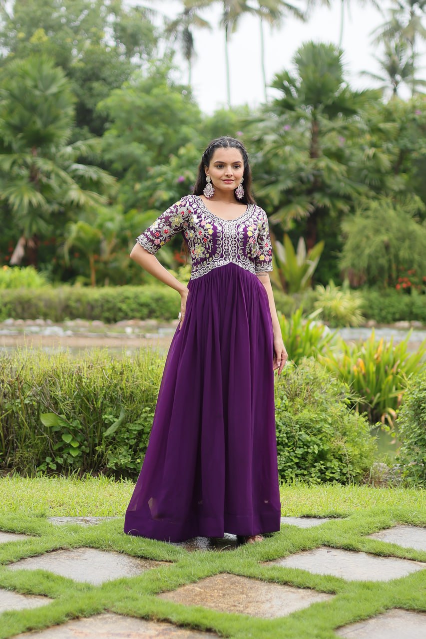 Winsome Faux Georgette Zari Sequins Worked Designer Gown - Ethnicwish