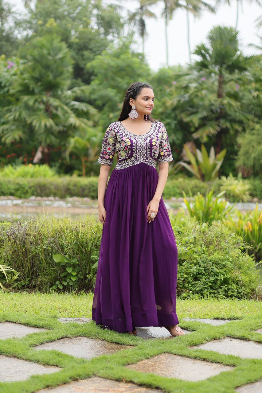 Winsome Faux Georgette Zari Sequins Worked Designer Gown - Ethnicwish