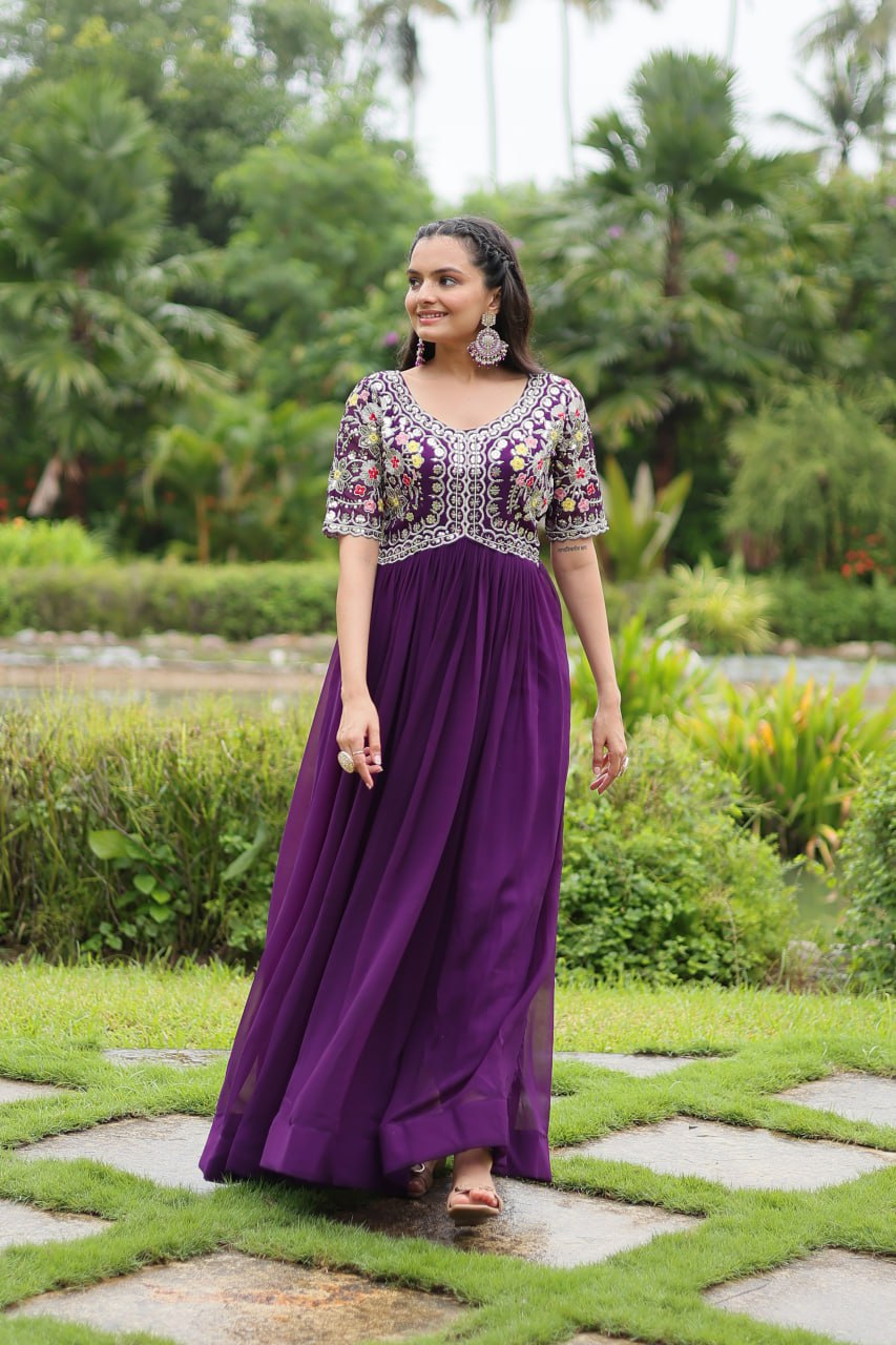 Winsome Faux Georgette Zari Sequins Worked Designer Gown - Ethnicwish