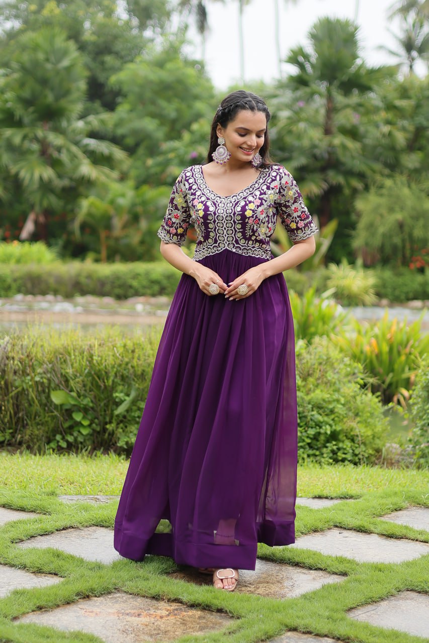 Winsome Faux Georgette Zari Sequins Worked Designer Gown - Ethnicwish