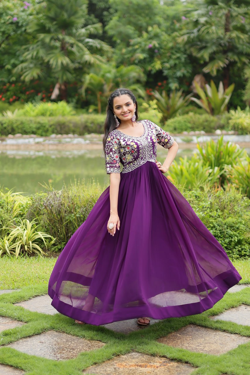 Winsome Faux Georgette Zari Sequins Worked Designer Gown - Ethnicwish