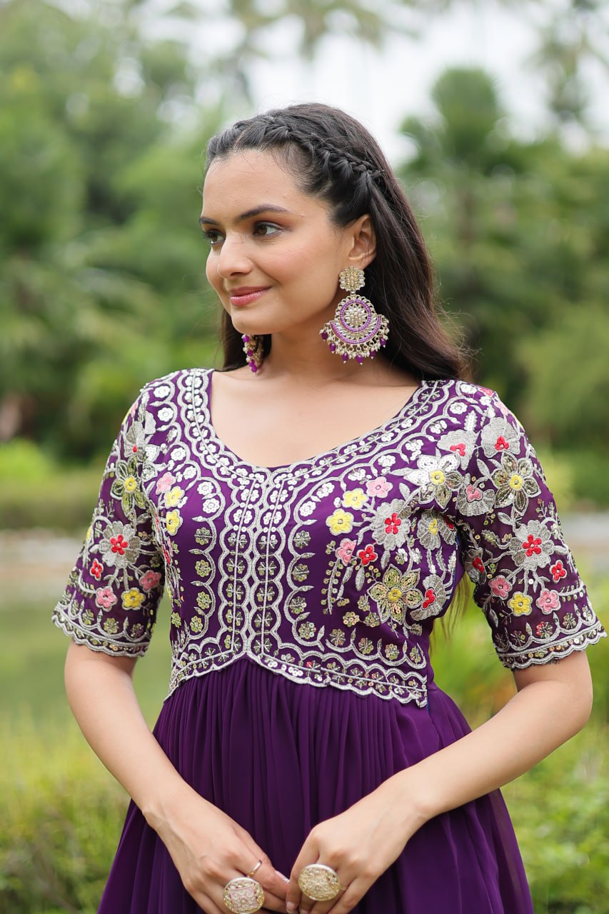 Winsome Faux Georgette Zari Sequins Worked Designer Gown - Ethnicwish