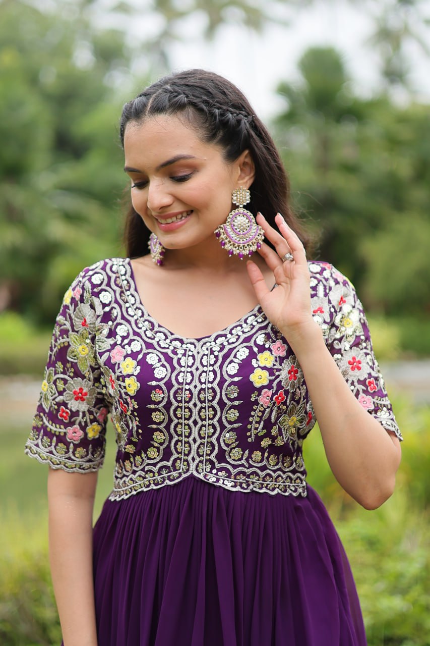 Winsome Faux Georgette Zari Sequins Worked Designer Gown - Ethnicwish
