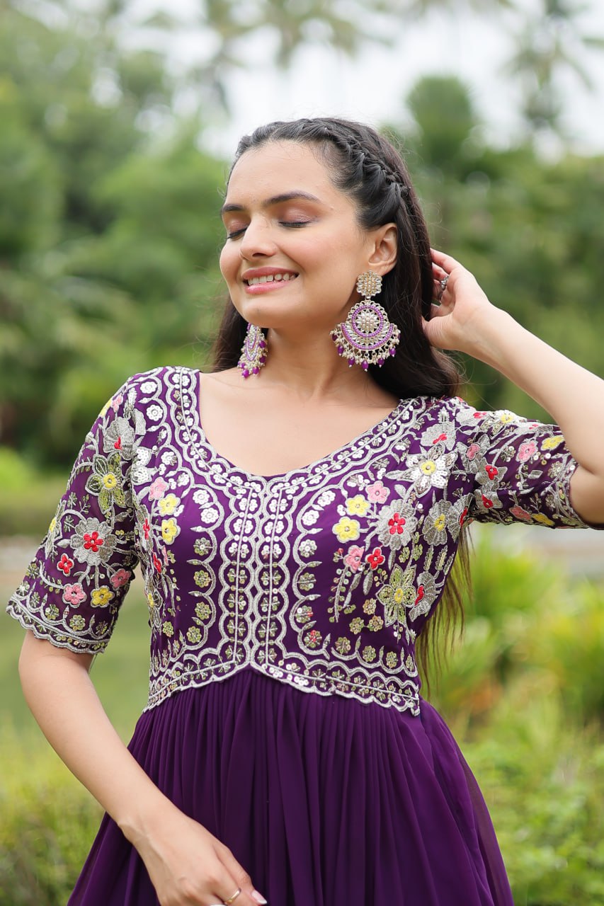 Winsome Faux Georgette Zari Sequins Worked Designer Gown - Ethnicwish
