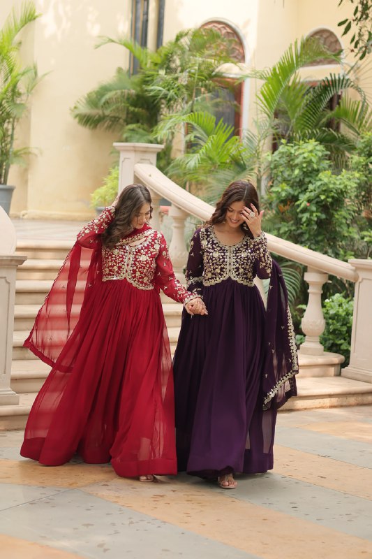Breathtaking Faux Georgette Sequins Zari Worked Designer Gown - Ethnicwish