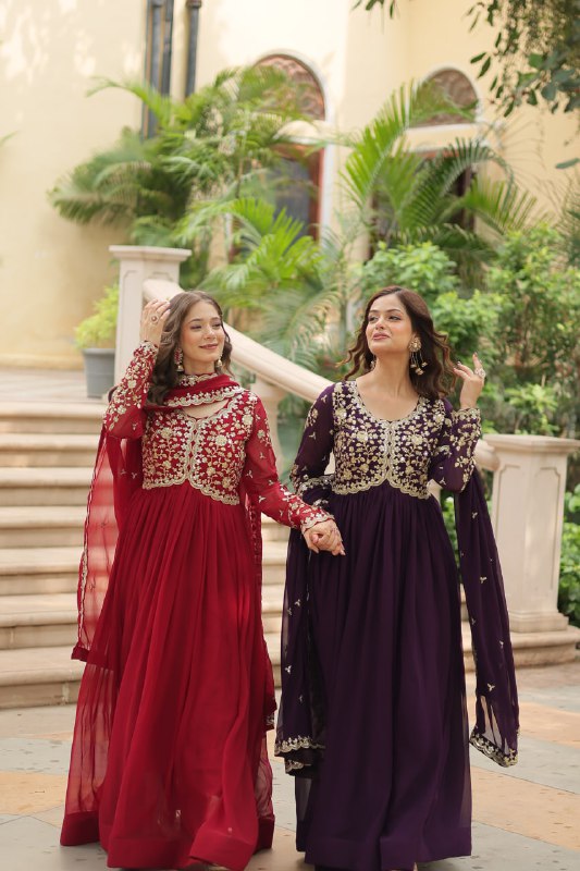 Breathtaking Faux Georgette Sequins Zari Worked Designer Gown - Ethnicwish