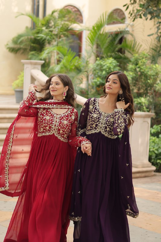 Breathtaking Faux Georgette Sequins Zari Worked Designer Gown - Ethnicwish