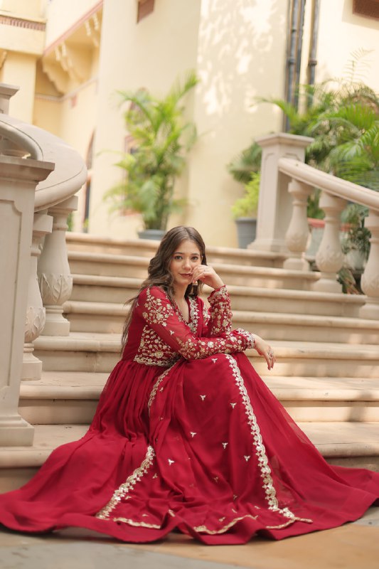 Breathtaking Faux Georgette Sequins Zari Worked Designer Gown - Ethnicwish