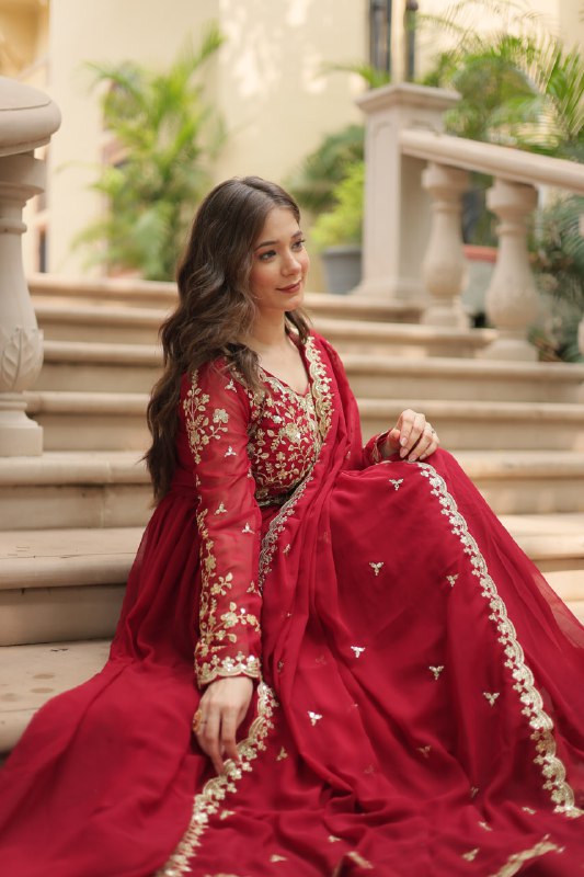Breathtaking Faux Georgette Sequins Zari Worked Designer Gown - Ethnicwish