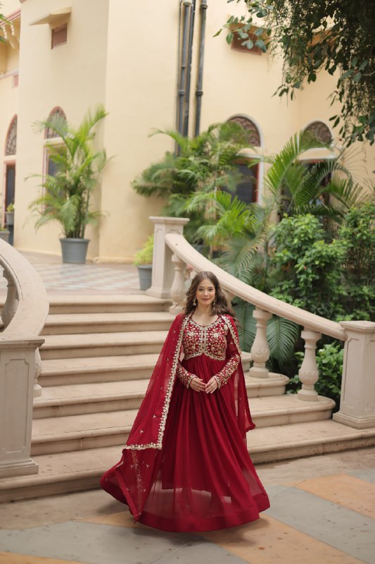 Breathtaking Faux Georgette Sequins Zari Worked Designer Gown - Ethnicwish