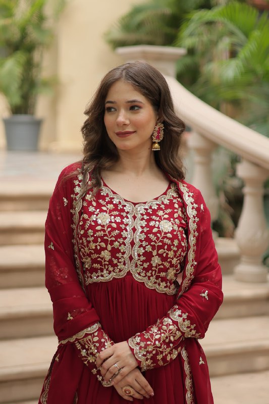 Breathtaking Faux Georgette Sequins Zari Worked Designer Gown - Ethnicwish