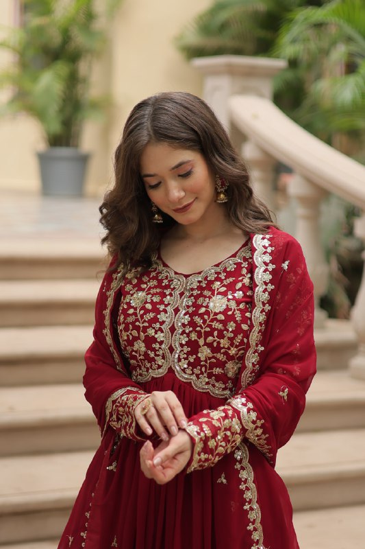 Breathtaking Faux Georgette Sequins Zari Worked Designer Gown - Ethnicwish