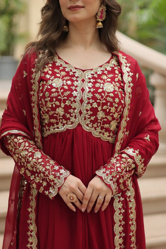 Breathtaking Faux Georgette Sequins Zari Worked Designer Gown - Ethnicwish