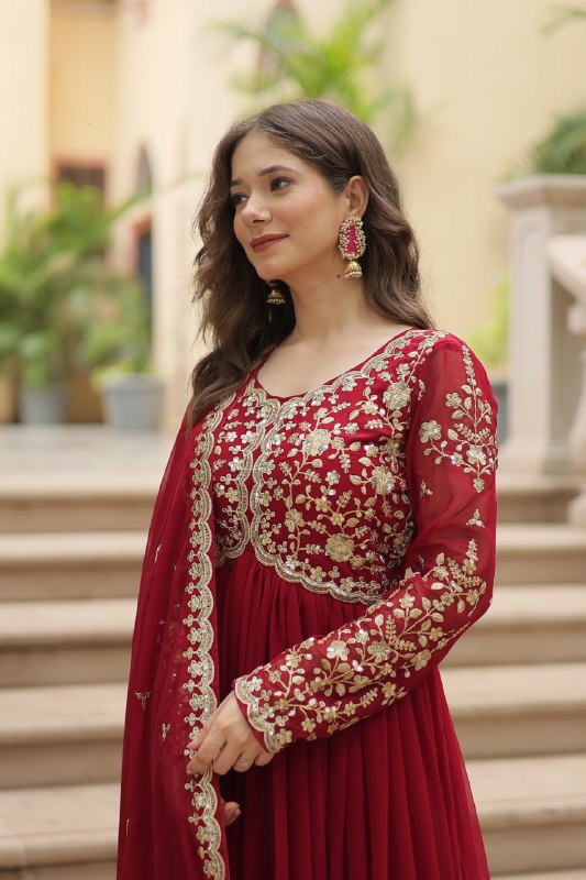Breathtaking Faux Georgette Sequins Zari Worked Designer Gown - Ethnicwish