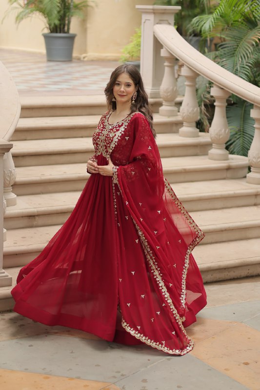 Breathtaking Faux Georgette Sequins Zari Worked Designer Gown - Ethnicwish