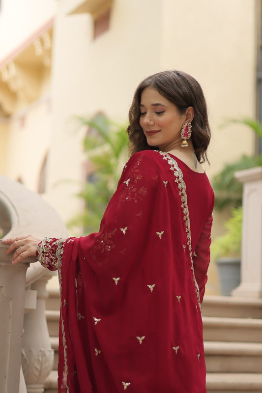 Breathtaking Faux Georgette Sequins Zari Worked Designer Gown - Ethnicwish