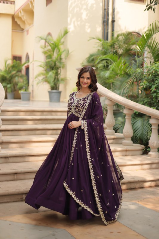 Breathtaking Faux Georgette Sequins Zari Worked Designer Gown - Ethnicwish