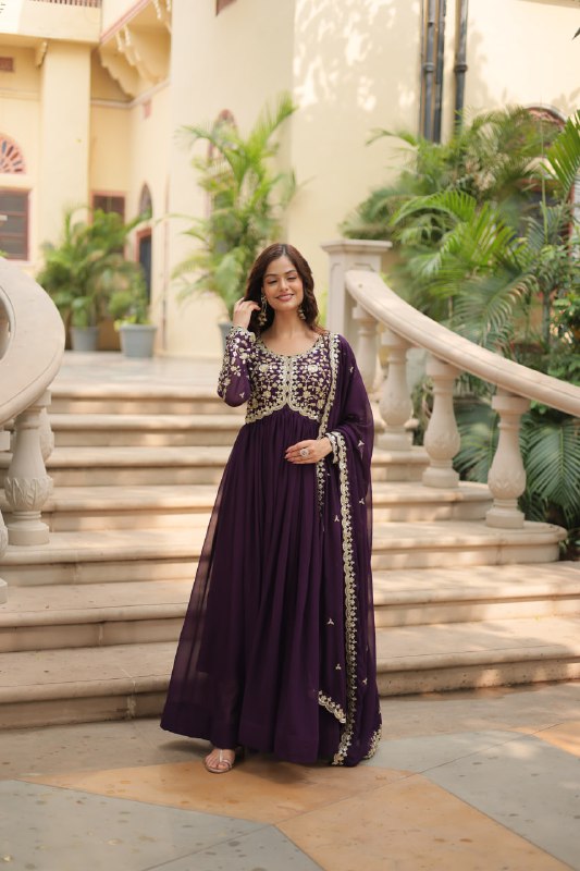 Breathtaking Faux Georgette Sequins Zari Worked Designer Gown - Ethnicwish