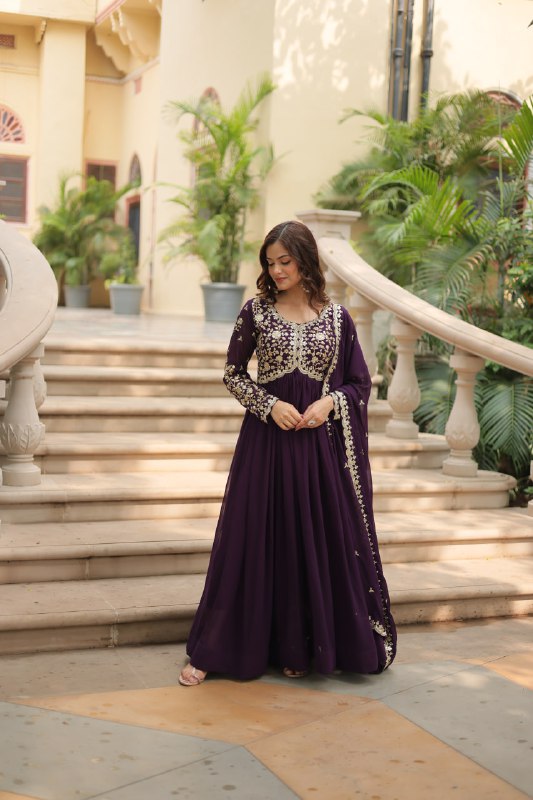 Breathtaking Faux Georgette Sequins Zari Worked Designer Gown - Ethnicwish